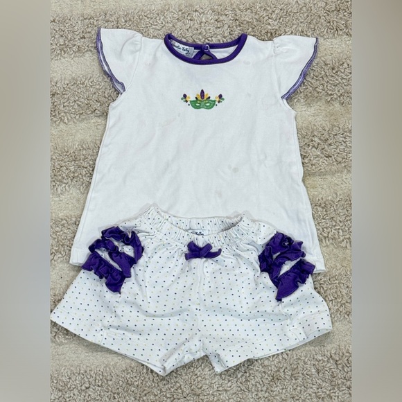 Mardi Gras pima matching set embroidered baby girl ruffles tee smock shorts - Picture 1 of 5